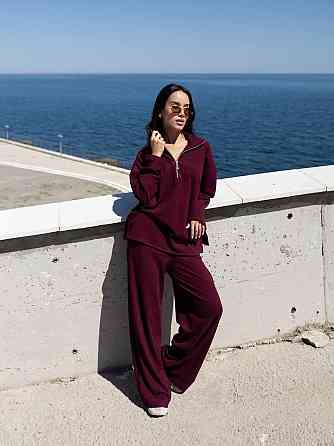 Женский повседневный оверсайз костюм двойка: кофта и штаны трикотаж пума рубчик Бордо Одесса