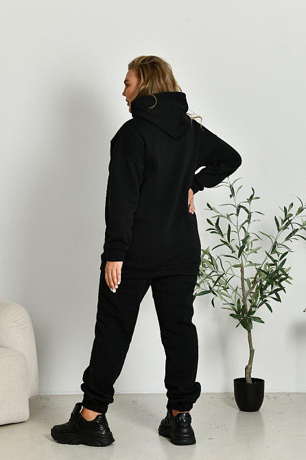 Жіночий прогулянковий костюм: худі та штани батал у спортивному стилі тринитка на флісі Чорний, 64/66 Одеса - фото 3