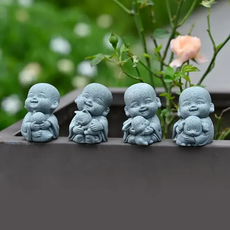 Набор фигурок маленьких монахов с животными – декоративные статуэтки для дома, сада или мини-композиций Киев - изображение 1