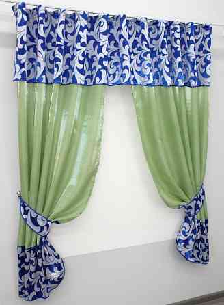 Кухонные шторы VR-Textil № 073к с ламбрекеном и подхватами светло-оливковый с синим 270х170 см (52-0474) Киев