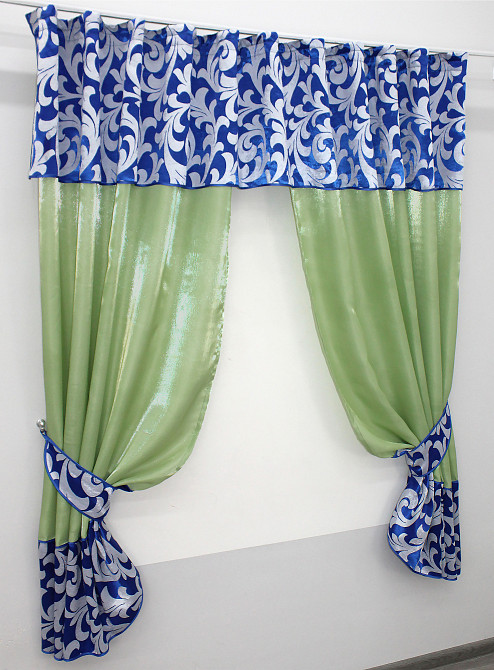 Кухонные шторы VR-Textil № 073к с ламбрекеном и подхватами светло-оливковый с синим 270х170 см (52-0474) Киев - изображение 2