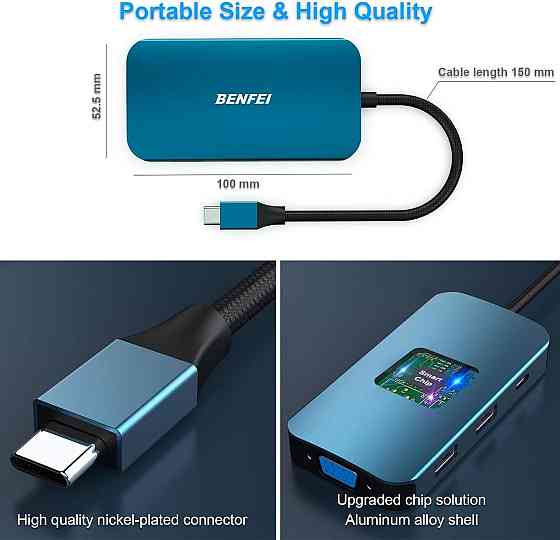 Хаб 8в1 BENFEI USB C концентратор, док-станція з потрійним дисплеєм, 2 HDMI, VGA, 3 USB 3.0, 100 Вт, 3,5-мм AUX аудіо Київ