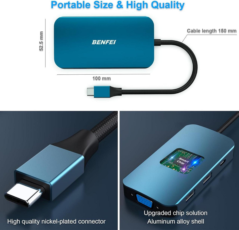 Хаб 8в1 BENFEI USB C концентратор, док-станція з потрійним дисплеєм, 2 HDMI, VGA, 3 USB 3.0, 100 Вт, 3,5-мм AUX аудіо Київ - фото 6