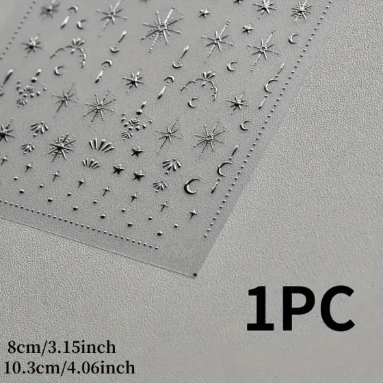 3D наклейки для нігтів сріблясті – зорі, місяць і сонце, блискучий декор для манікюру Київ