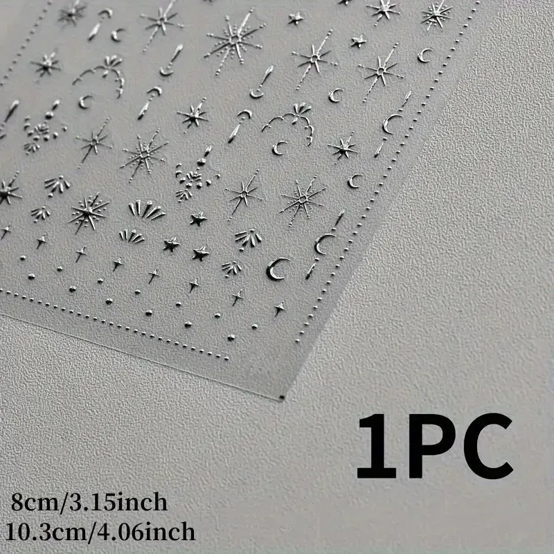 3D стикеры для ногтей серебристые – звёзды, месяц и солнце, блестящий декор для маникюра Киев - изображение 5