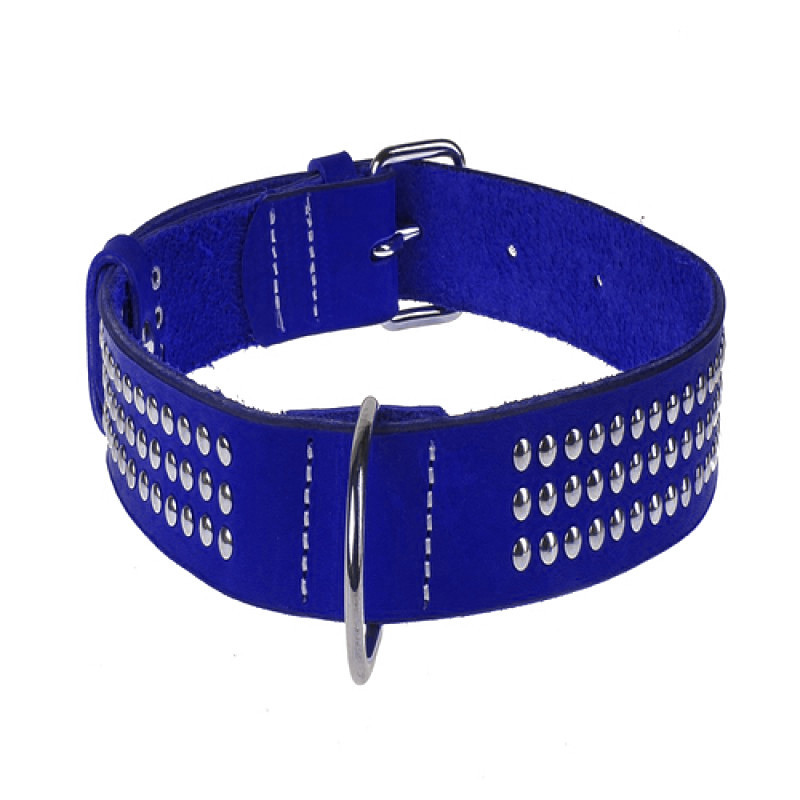 Нашийник 0365 14мм "Класик Преміум" шкіряний одинарний прикрашений металофурн. Синій Вінниця - фото 1