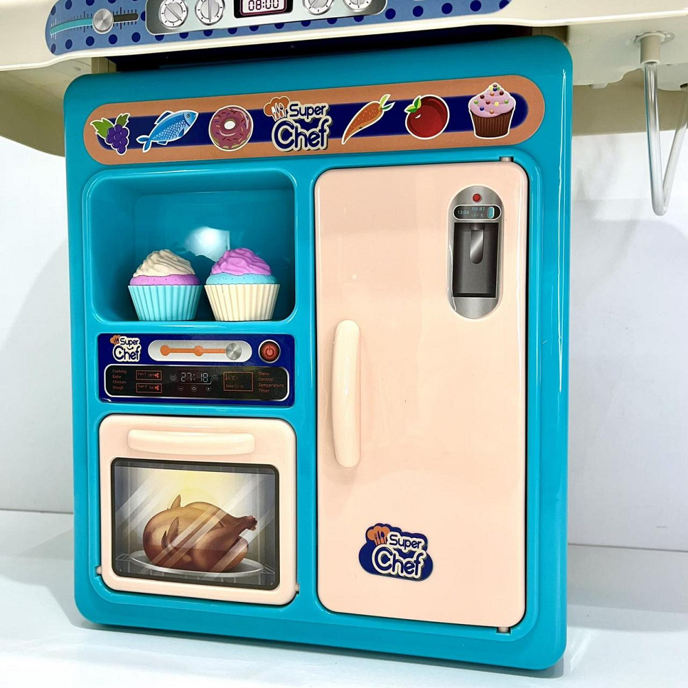 Кухня 42 предмети посуд продукти плита мийка-льюча вода пар музика світло на батарейках Бірюзова (16890A) Чернігів - фото 5