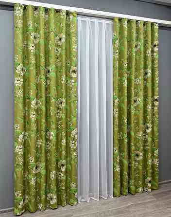 Комплект готових штор VR-Textil Льон з квітковим принтом "Прованс" № 1726ш Оливковий 200х265 см 2 шт (32-314) Київ