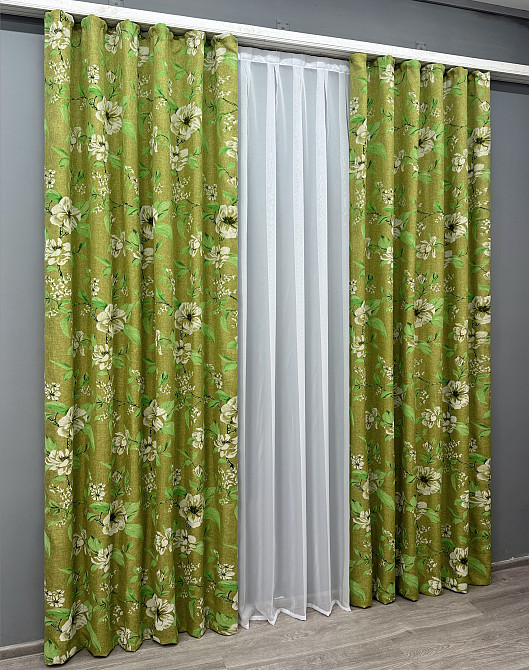 Комплект готових штор VR-Textil Льон з квітковим принтом "Прованс" № 1726ш Оливковий 200х265 см 2 шт (32-314) Київ - фото 4