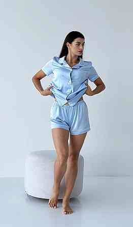 Шелковая пижама рубашка с шортами Голубой XL Харьков