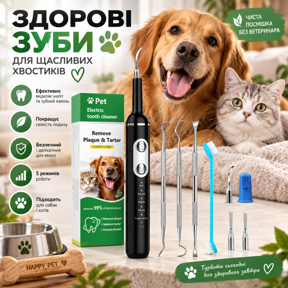 Ультразвуковой скалер для собак Stim-U-Dent, удаление налета, 5 режимов, LED, 4 насадки, USB-C, IPX6 Киев - изображение 2