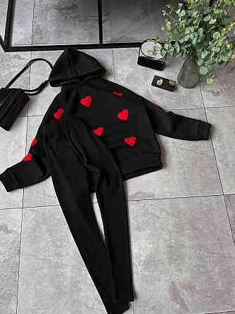 Женский теплый прогулочный костюм двойка с сердечками трехнить на флисе + ангора рубчик Черный, 46/48 Одесса