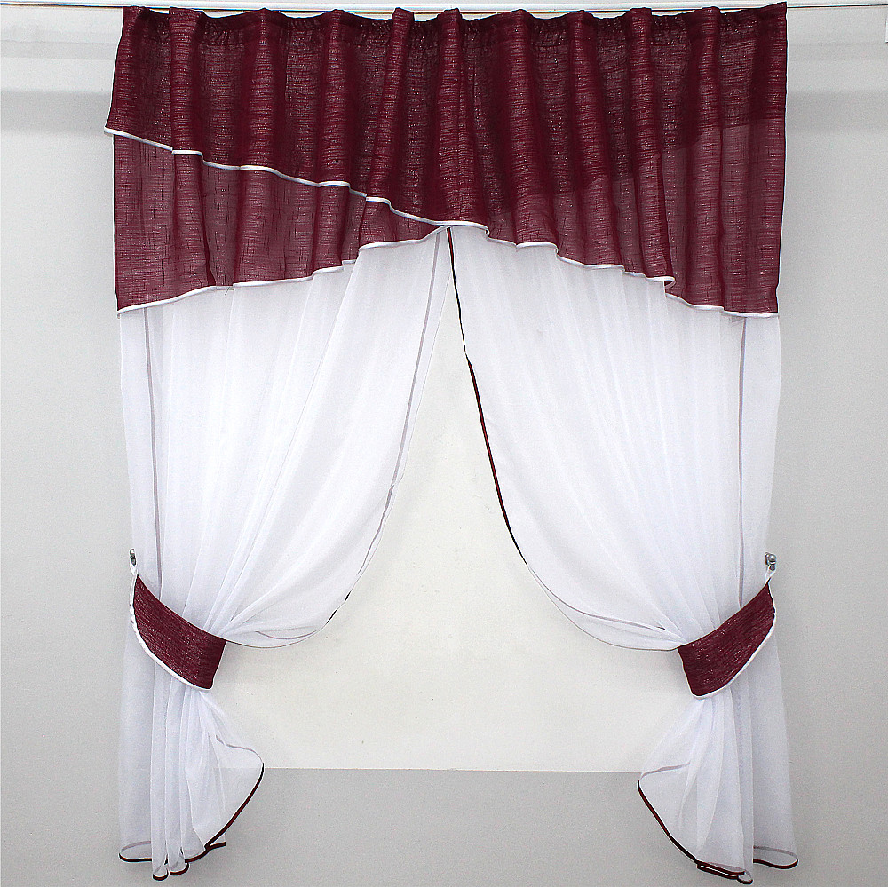 Кухонні штори VR-Textil № 091к з ламбрекеном і підв'язками бордовий з білим 270х170 см (52-0096) Київ - фото 1