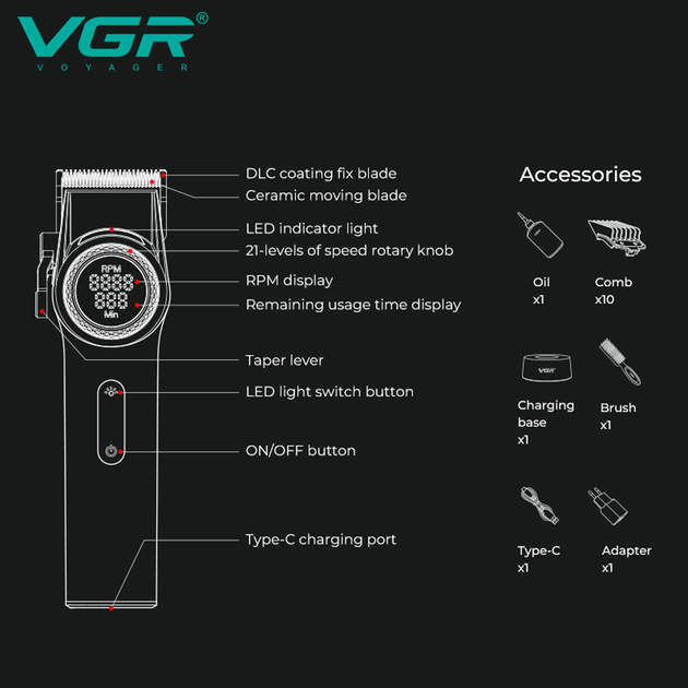 Машинка для стрижки VGR V-001 GGB (10 насадок) 4600 mAh LED дисплей Черный Винница - изображение 4