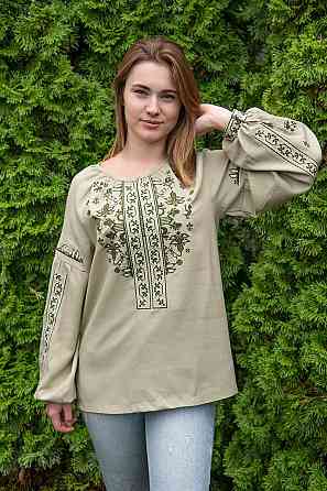 Вышиванка женская с длинным рукавом  льняная, оливковая топ Киев