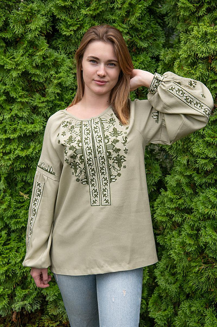Вишиванка жіноча з довгим рукавом лляна, оливкова топ Київ - фото 4