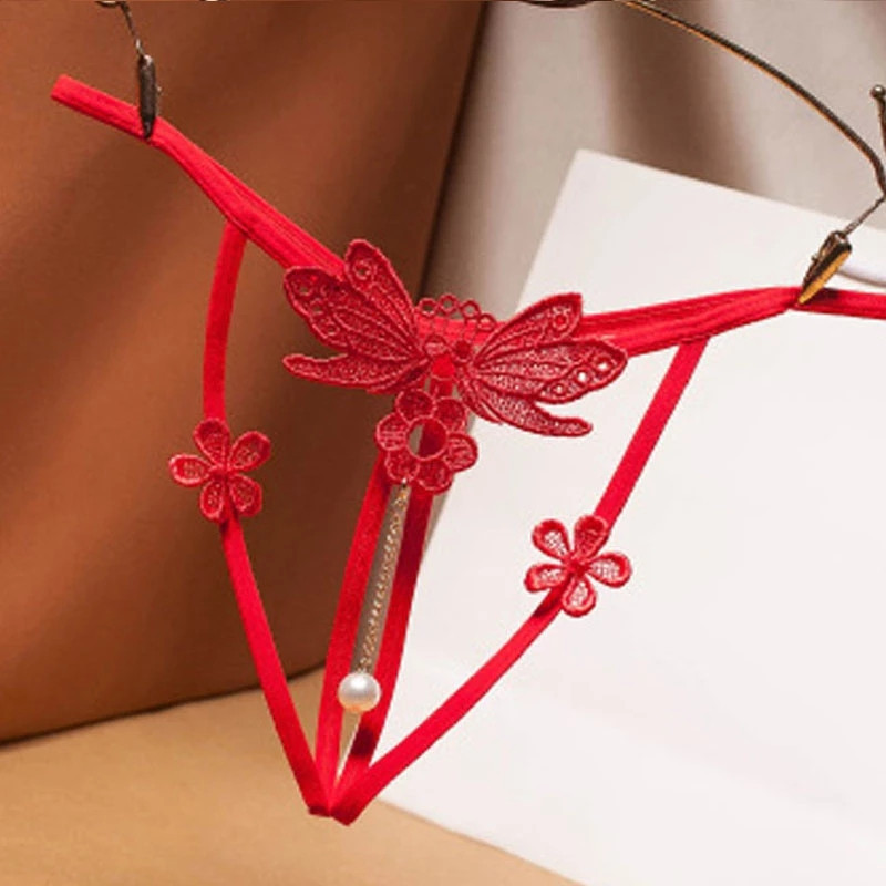 Трусики з розрізом та бусинками, квіточками, метеликами червоні - розмір універсальний (на резинці), 15% нейлон, 85% поліестер Київ - фото 1