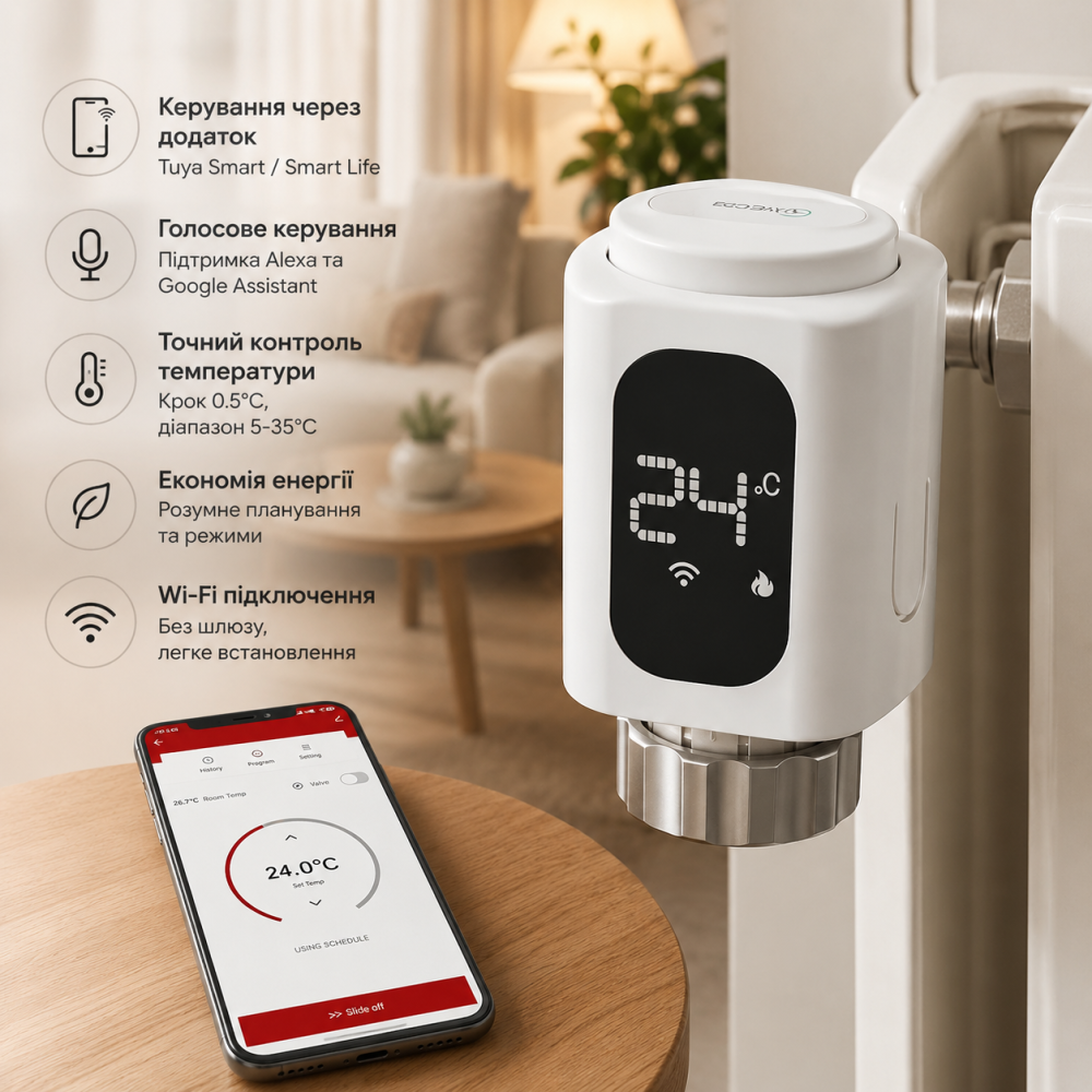 Розумний Wi-Fi термостат ECOBAY для радіатора, без шлюзу, термостатичний клапан, Tuya Smart, Smart Life, Alexa, Google Assistant Київ - фото 9