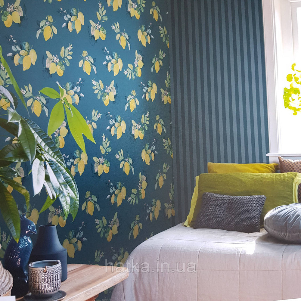 Шпалери вінілові на флізелін 0.53х10.05 Rasch Textil Petite Fleur 5 лимони жовті зелене на темно синьому Київ - фото 1