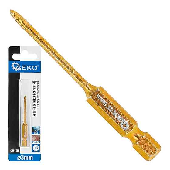 Свердло скла та кераміки "GeKo" з хвостовиком для шуруповерта Hex E6,3 (1/4") діаметром  3 мм, 4 леза з карбіду вольфраму [HM] Стрый
