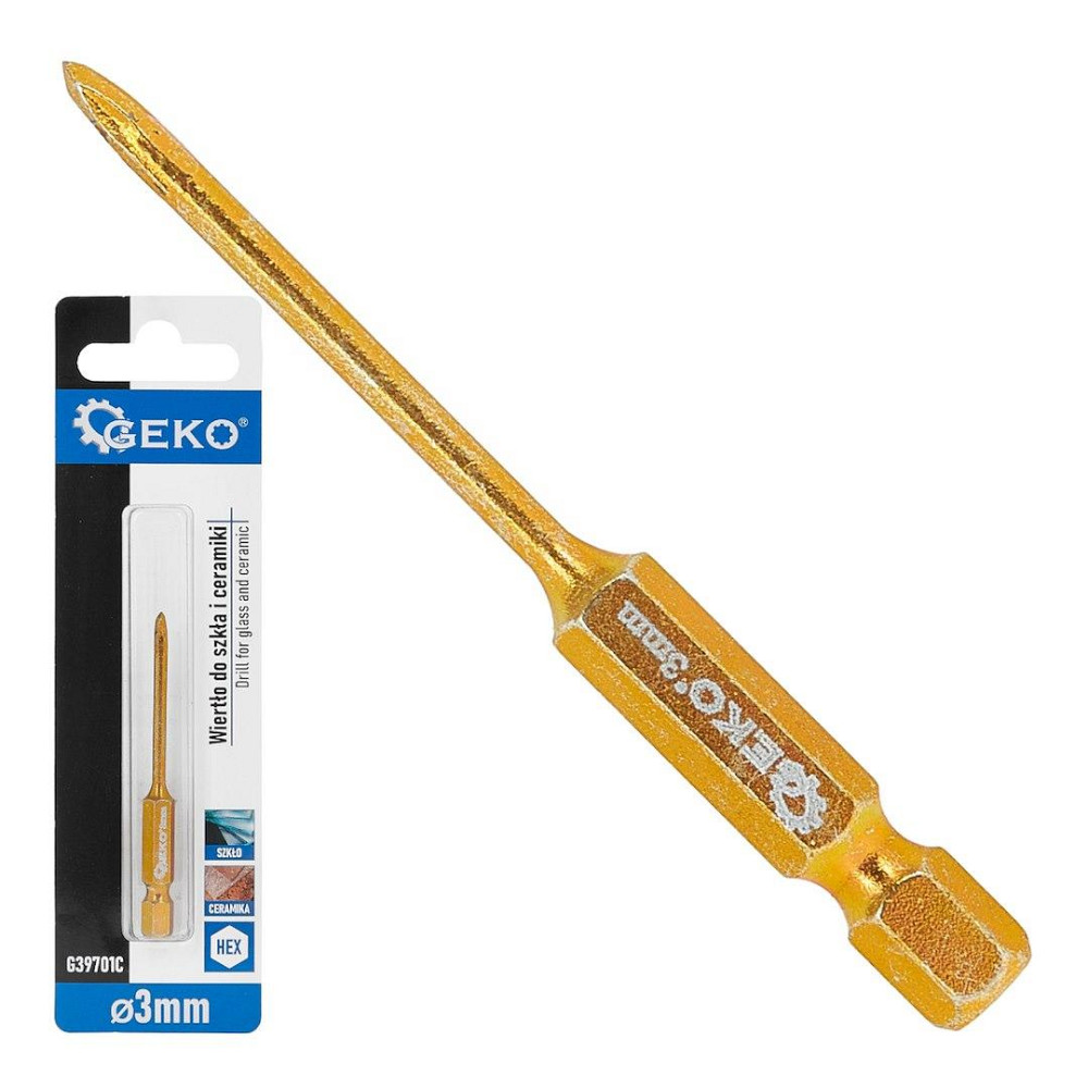 Свердло скла та кераміки "GeKo" з хвостовиком для шуруповерта Hex E6,3 (1/4") діаметром  3 мм, 4 леза з карбіду вольфраму [HM] Стрий - фото 1