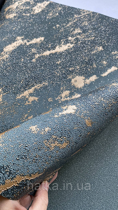 Шпалери вінілові на флізеліні Marburg Lava метрові під штукатурку темно-бірюзові із золотом Київ - фото 3
