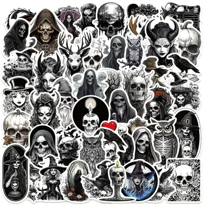 Набір вінілових наліпок 50 шт – черепи, скелети, готичні, рок, хелловін, водостійкі наклейки для ноу Київ - фото 1