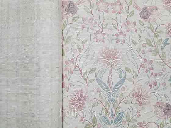 Шпалери вініл на флізеліні A.S.Creation Maison charme 0.53x10 прованс квіти листя птаха рожеві сині на білому Київ