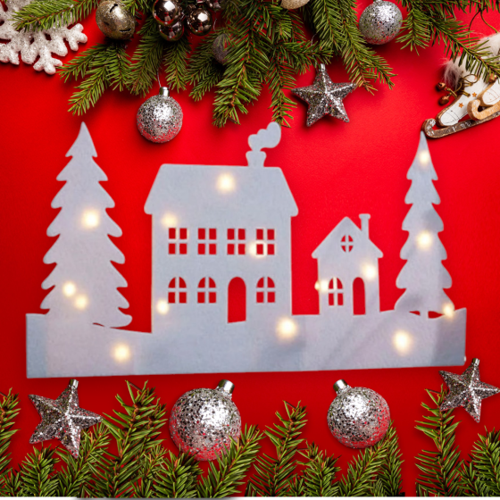 Светодиодное новогоднее украшение елочки и домики на окно или стену 60 на 30 см из фетра Германия белый Киев