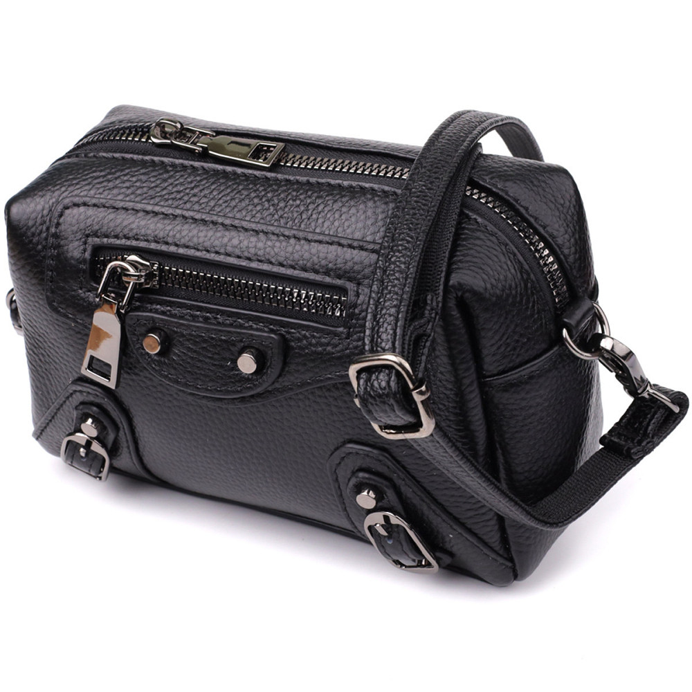 Модна жіноча сумка з натуральної шкіри з актуальним декором Vintage 22922 Чорний Київ - фото 1