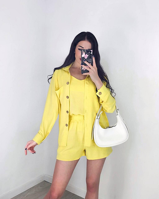Жіночий легкий костюм-трійка: сорочка, майка та шорти креп жатка Лимонний, 42/44 Одеса - фото 4