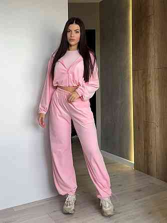 Жіночий прогулянковий костюм-трійка: худі топ і штани велюр плюш Рожевий, 44/46 Одеса