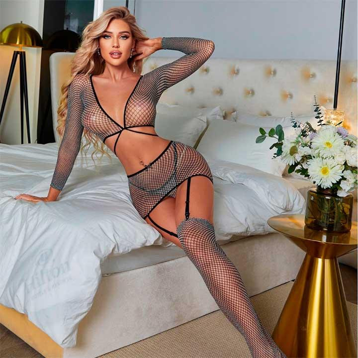 Яркий комплект с подвязками для чулок, чулками и длинными рукавами XS/S/M – Эротическое бельё Винница - изображение 1