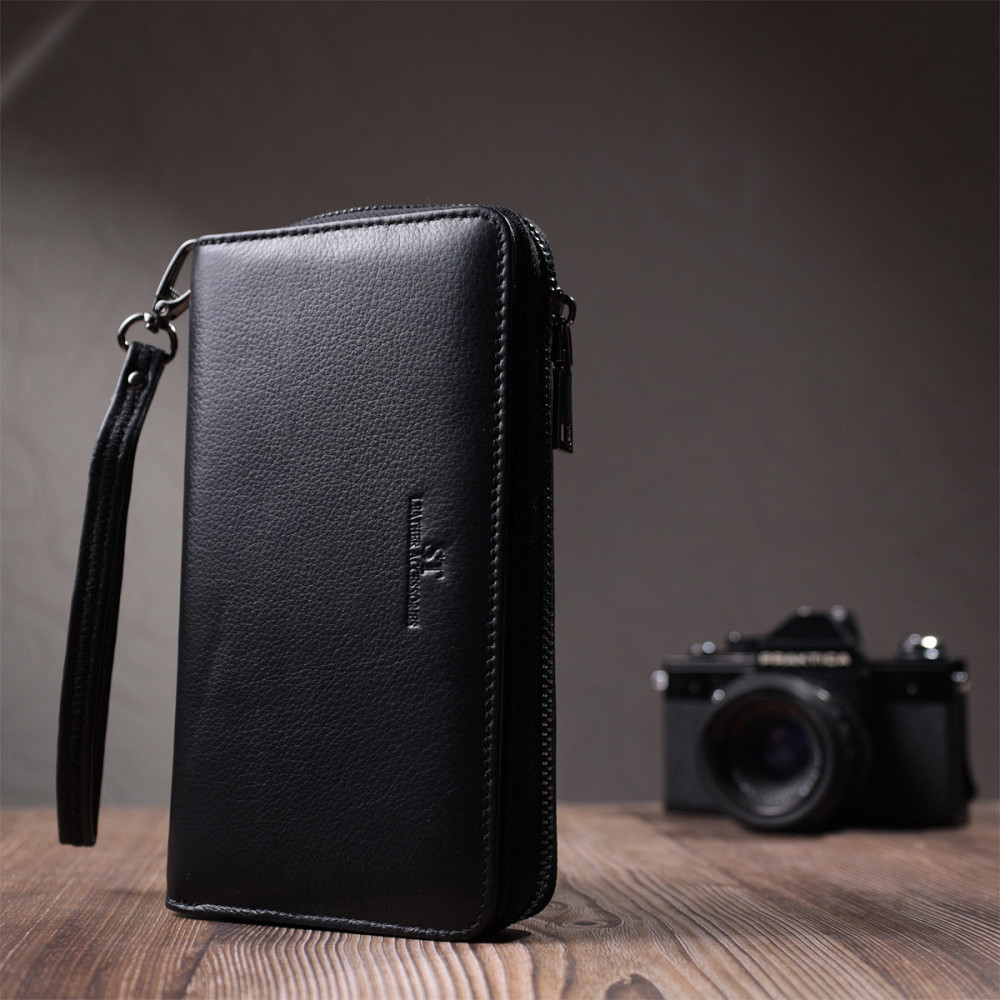 Мужской клатч с блоком для карт из натуральной кожи ST Leather 22694 Черный Киев - изображение 3