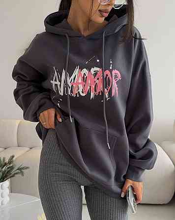 Жіноче тепле оверсайз худі AMORE тринитка на флісі Графіт Одеса