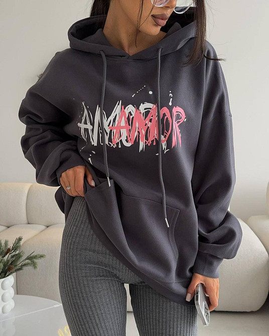 Женское теплое оверсайз худи AMORE трехнить на флисе Графит Одесса - изображение 1