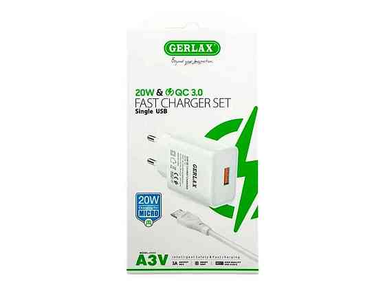Мережевий зарядний пристрій microUSB A3V 3A/1USB/20W/QC3.0 білий 1м ТМ GERLAX Київ