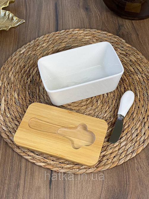 Сирниця керамічна з дерев'яною кришкою й ножем "White 1" 17*10.5*8 см Київ - фото 2