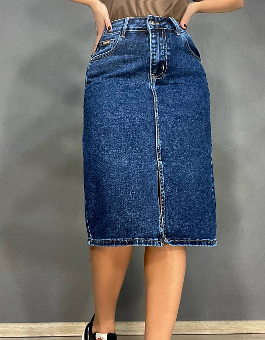 Спідниця жіноча джинсова Liana 269 великі розміри прямий крій середня довжина стрейчева розріз попереду темно синя , темно-синій, 31, 31, 81 см, 105 с Київ - фото 17