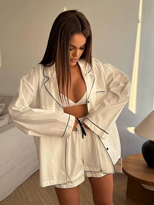 Жіночий літній костюм-двійка: сорочка та шорти в піжамному стилі натуральний льон Білий Одеса - фото 4