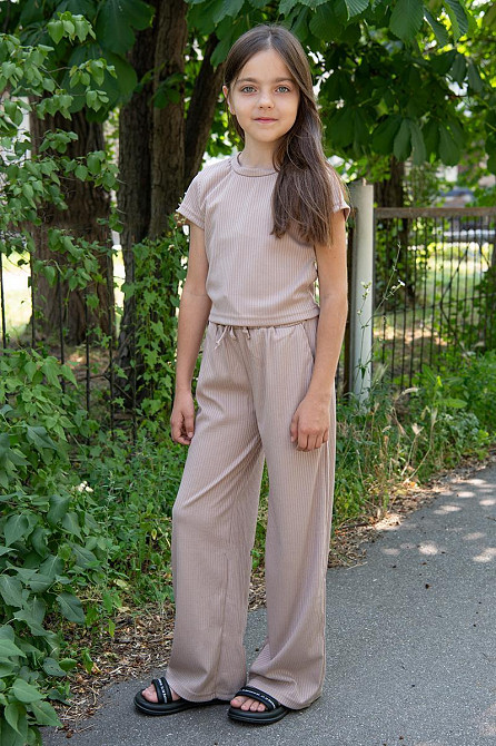 Костюм для дівчаток штани + футболка літня, бежева бавовна, топ Київ - фото 1