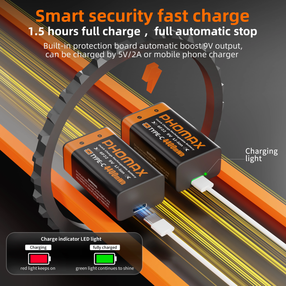 Аккумуляторная батарея Phomax 9В 4400 мВт/ч модель 6F22 USB-C (2 шт.) Черный Киев - изображение 7