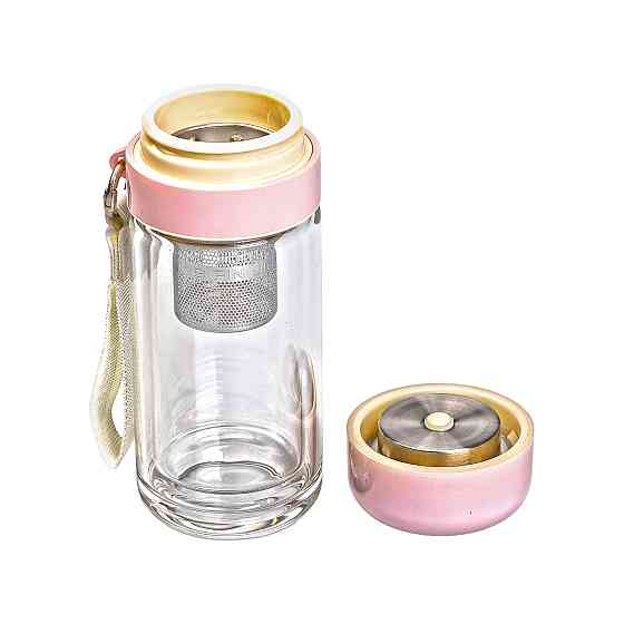 Термос стеклянный Hexagram с двойными стенками и заварником 240 мл розовый HP-14-40P Киев