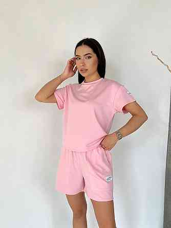 Женский летний прогулочный костюм двойка: футболка и шорты двунитка Розовый, 48/52 Одесса