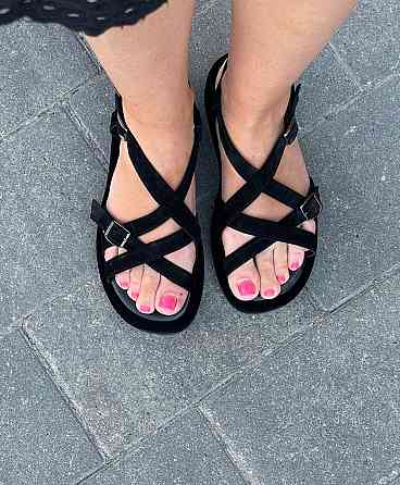 SiniorA Босоніжки замшеві жіночі чорні на низькому ходу літні / Босоніжки натуральна замша Sini Коломыя