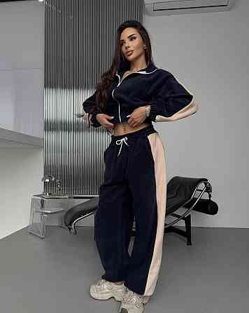 Жіночий теплий повсякденний костюм із лампасами, двобічний фліс Синій Одеса