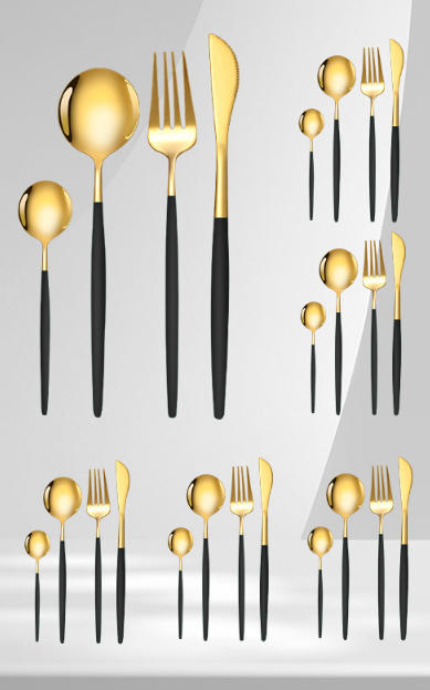 Набір тонких столових приладів 24 х 6 персон Золото з чорним Нержавіюча сталь на підставці Кременчук - фото 2