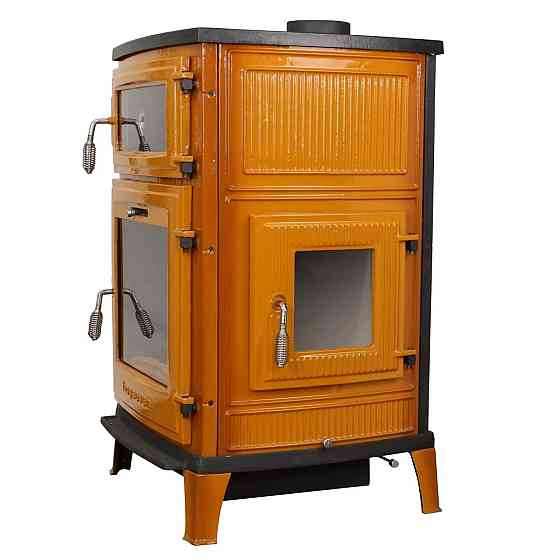 Піч-камін чавунна на дровах з духовкою Hosseven 8000E 13 кВт три скла верхній димохід жовта Київ