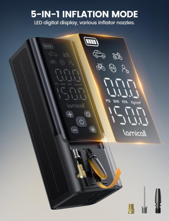 Портативный компрессор Lamicall 150 PSI, 35 л/мин, автостоп, 5 режимов, LED-дисплей и фонарик, для авто/вело/мото Киев