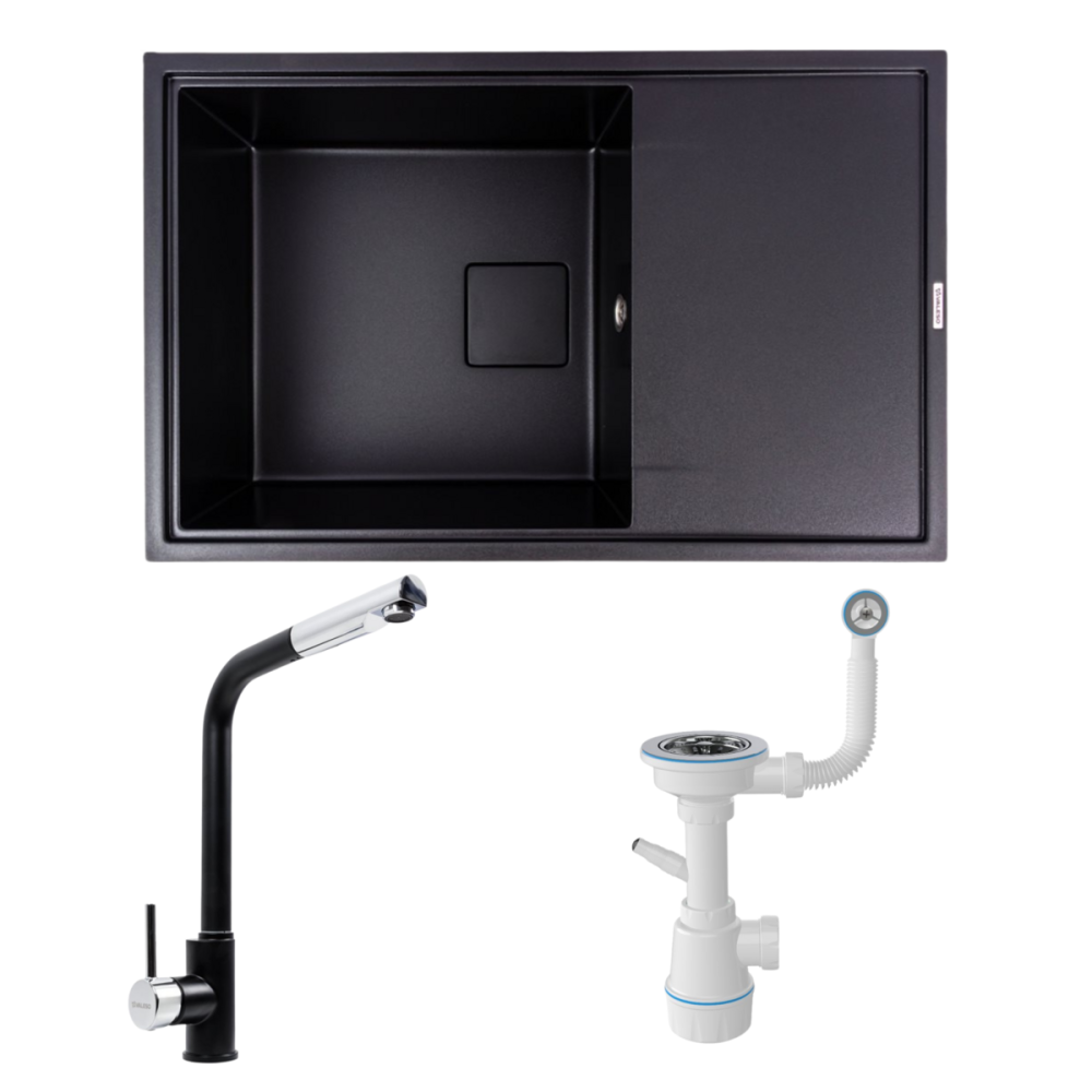 VALESO Комплект: Мийка гранітна 7850 GALANS VALESO + Змішувач Q411MB + Сифон (Чорний) Киев - изображение 1
